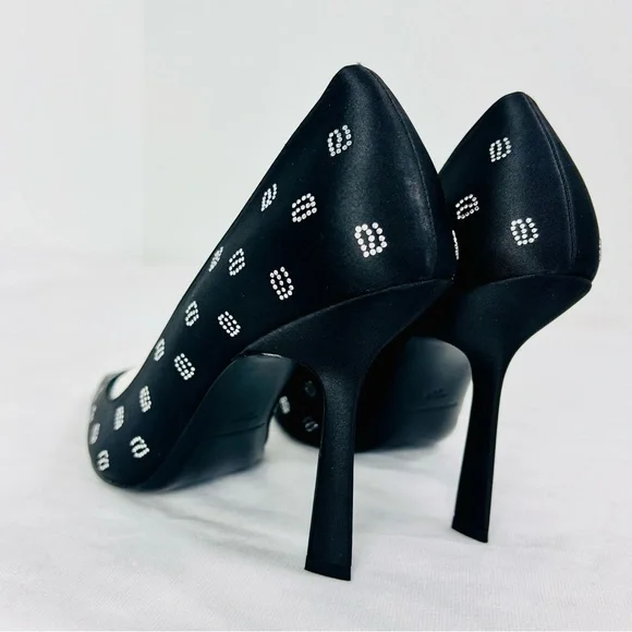 Alexander Wang Delphine Black Satin Crystal Logo Stiletto Pumps Heels 4” 39.5 - Picture 6 of 16